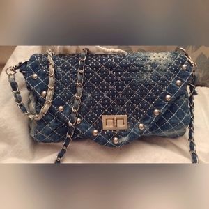 Denim Quilted Studded/Stone Shoulder/Crossbody  Flap bag 10x7x2.5